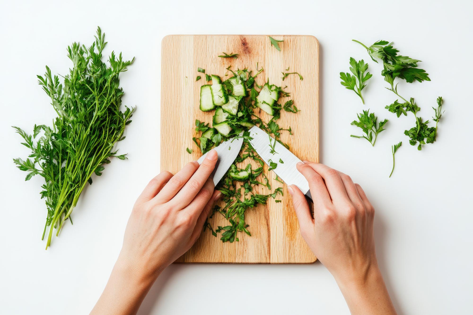 Close-up of knife work on herbs